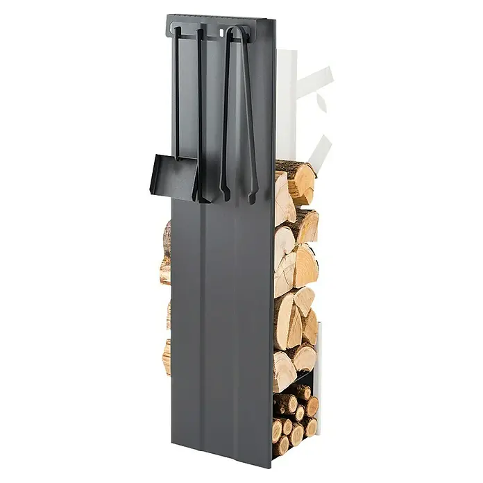 Holzkorb Albero Batt - 30 x 33 x 110 cm, Stahl, Schwarz/Weiß - Moderner Kaminholzständer aus Metall mit praktischem Werkzeugset für eine stilvolle und ordentliche Kaminholzaufbewahrung.