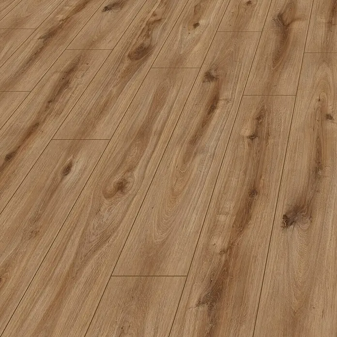MyStyle MyDream Laminatmuster Golden Vista Oak - 200 x 195 x 14 mm, Landhausdiele - Nahaufnahme eines hellbraunen Laminatbodens mit Holzmaserung und Astlöchern.