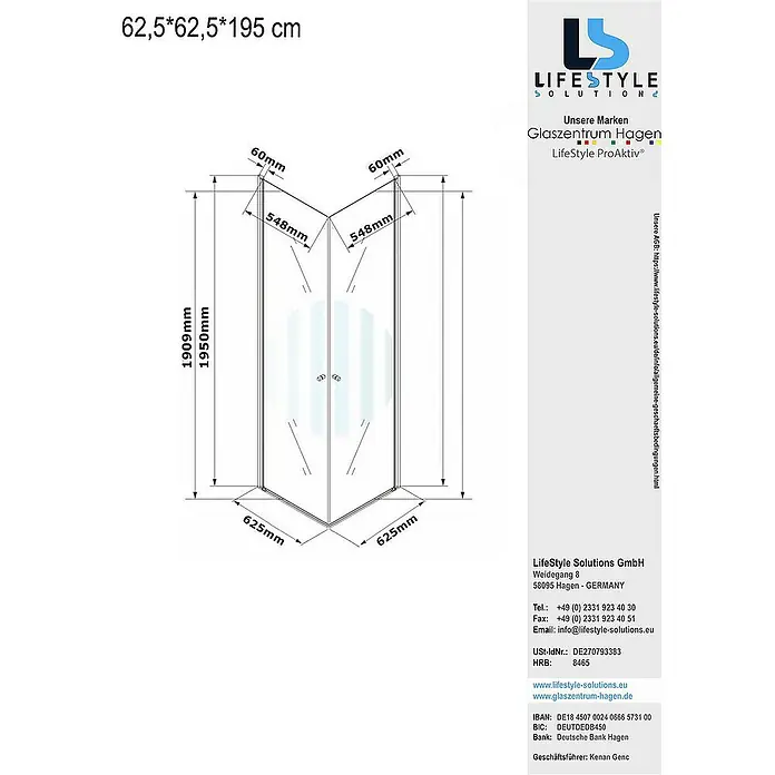 Glaszentrum Hagen Eckdusche 62.5x62.5x195 cm Eck Duschkabine Altbau - 62,5 x 62,5 x 195 cm, Eloxiert, Transparent, Stärke: 6 mm