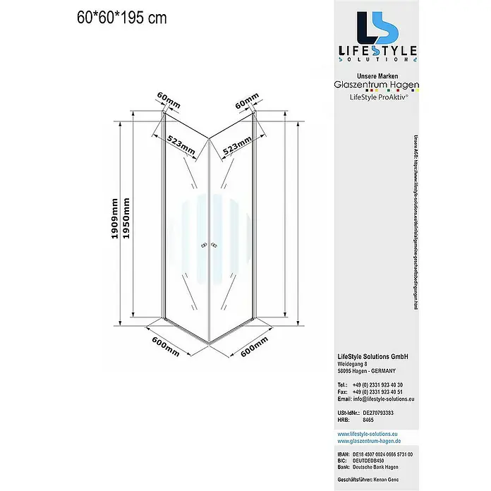 Glaszentrum Hagen Eckdusche 60x60x195 cm Eck Duschkabine Altbau - 60 x 60 x 195 cm, Eloxiert, Transparent, Stärke: 6 mm