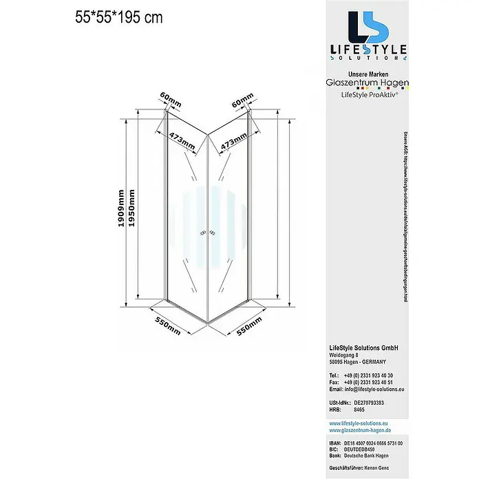 Glaszentrum Hagen Eckdusche 55x55x195 cm Eck Duschkabine Altbau - 55 x 55 x 195 cm, Eloxiert, Transparent, Stärke: 6 mm