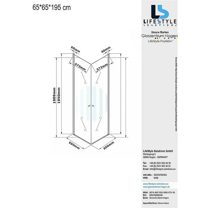 Glaszentrum Hagen Eckdusche 65x65x195 cm Eck Duschkabine Altbau - 65 x 65 x 195 cm, Eloxiert, Transparent, Stärke: 6 mm