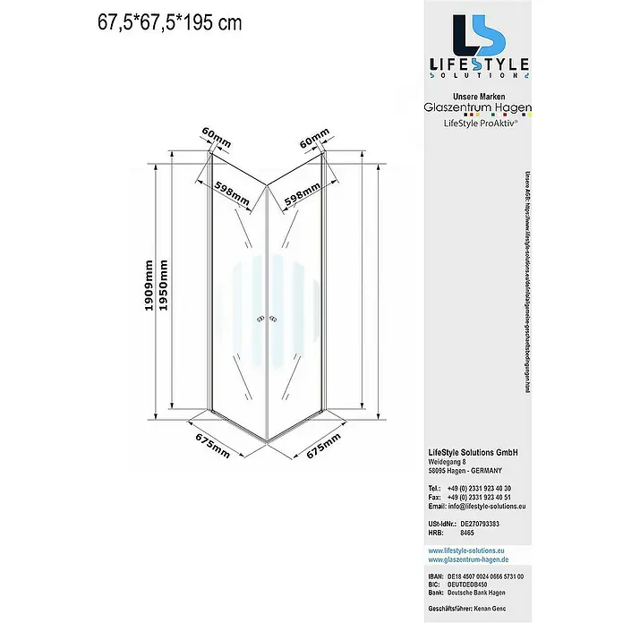Glaszentrum Hagen Eckdusche 67,5x67,5x195 cm Eck Duschkabine Altbau - 67,5 x 67,5 x 195 cm, Eloxiert, Transparent, Stärke: 6 mm