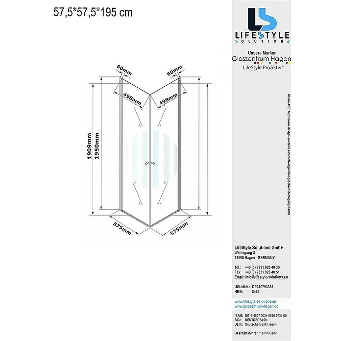 Glaszentrum Hagen Eckdusche 57.5x57.5x195 cm Eck Duschkabine Altbau - 57,5 x 57,5 x 195 cm, Eloxiert, Transparent, Stärke: 6 mm
