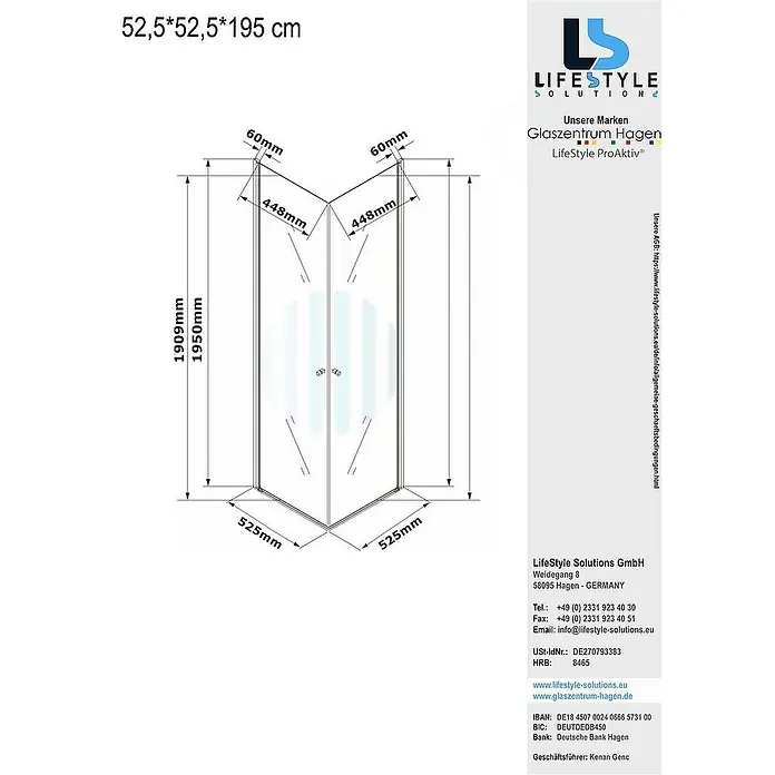 Glaszentrum Hagen Eckdusche 52.5x52.5x195 cm Eck Duschkabine Altbau - 52,5 x 52,5 x 195 cm, Eloxiert, Transparent, Stärke: 6 mm