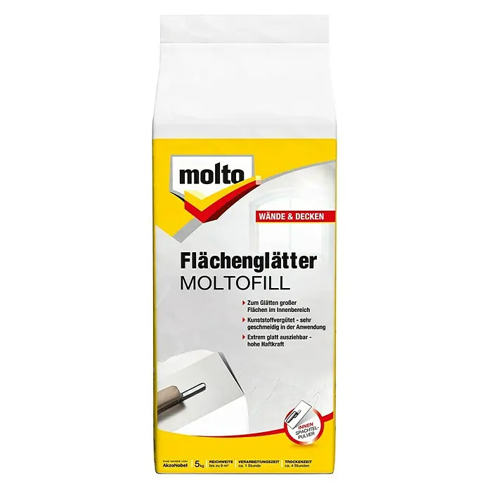 Molto Spachtelpulver Moltofill Flächenglätter - Weiß, 5 kg - Packung Molto Flächenglätter Moltofill zum Glätten von Wänden und Decken im Innenbereich, 5 kg. Ideal für glatte Oberflächen.