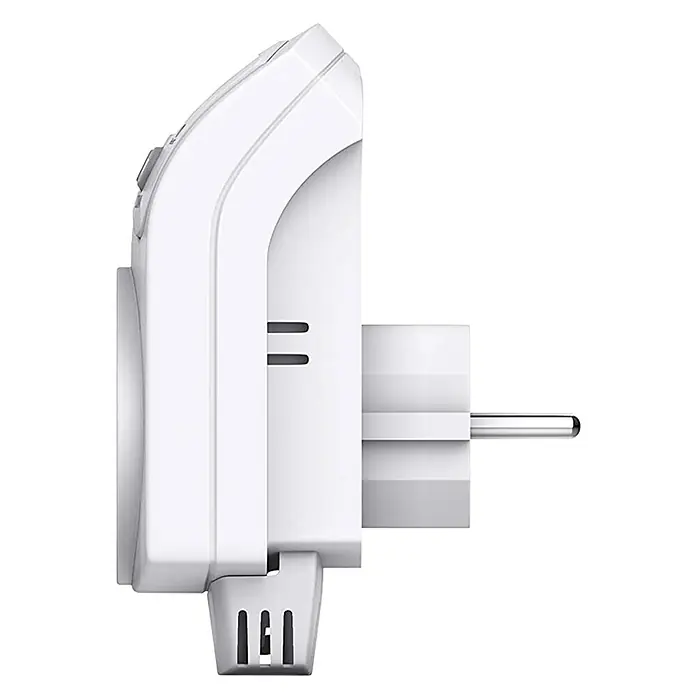 Be Cool Steckdosenthermostat mit integriertem Fühler - Weiß, Max. Anschlussleistung: 3.680 W - Seitenansicht eines weißen Smart-Steckers mit Eurostecker, ideal für die Hausautomation und zur Steuerung von Geräten.