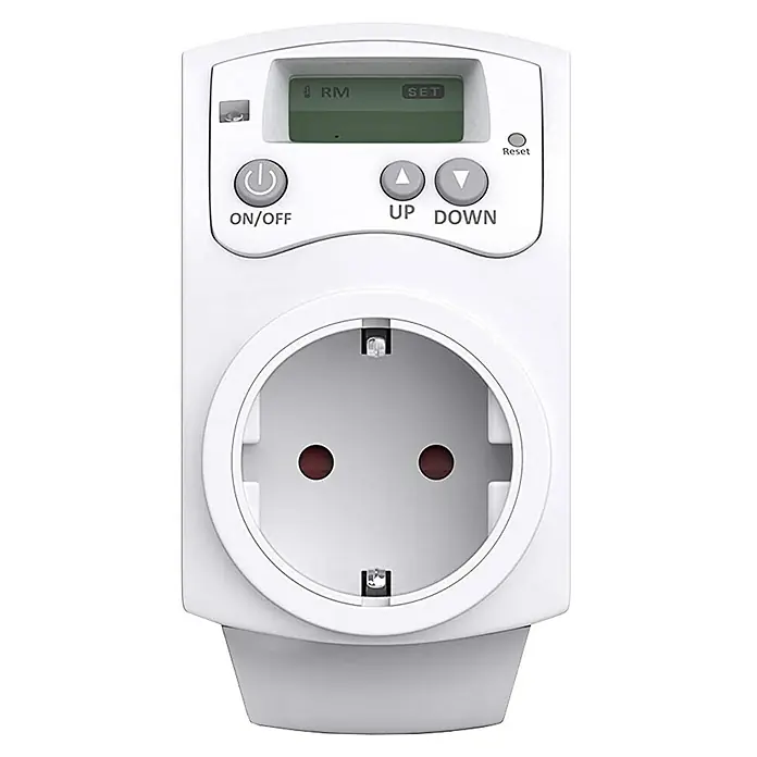 Be Cool Steckdosenthermostat mit integriertem Fühler - Weiß, Max. Anschlussleistung: 3.680 W - Ein weißer, digitaler Zeitschaltuhr-Stecker für die Steckdose mit Display und Bedienelementen zur präzisen Zeitsteuerung.