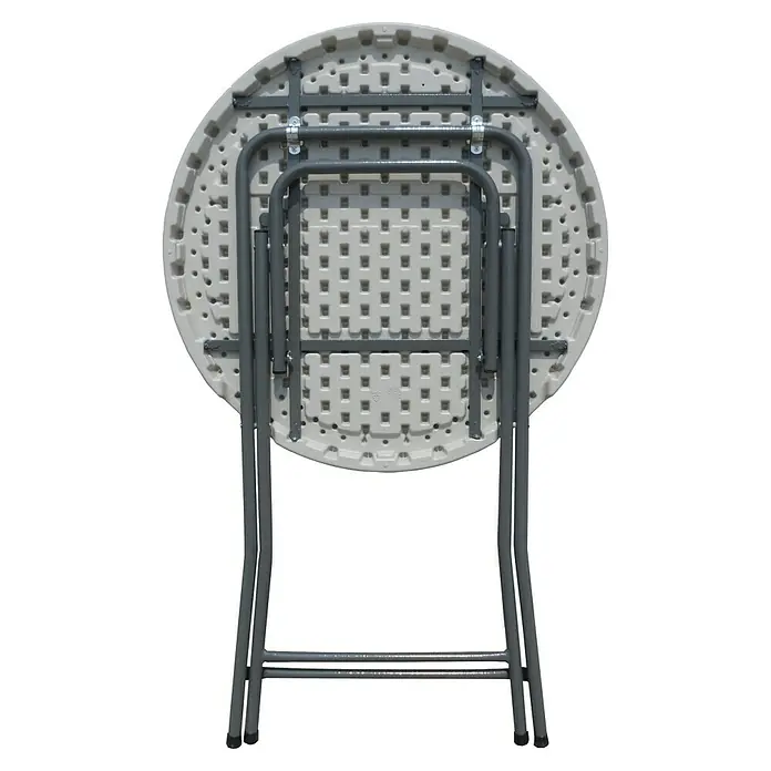 Westerholt Garten-Stehtisch rund - Ø x H: 81 x 110 cm, Rund, Weiß - Klapptisch mit runder Platte und grauem Metallgestell. Der Tisch ist zusammengeklappt und zeigt die Unterseite der Platte.