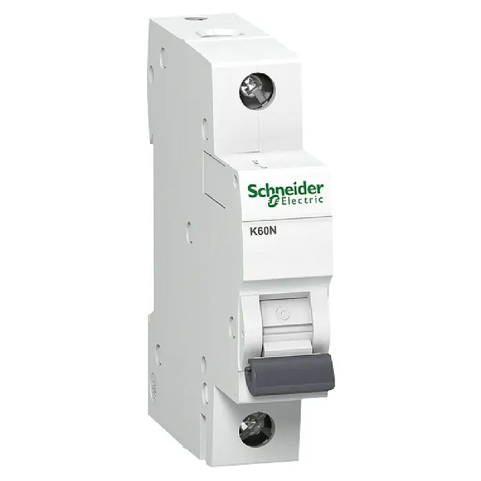 Schneider Electric Leitungsschutzschalter K60N - Auslösecharakteristik: B, 25 A, Bemessungsfehlerstrom: 6 kA, Polanzahl: 1 Stk. - Ein weißer Schneider Electric K60N Leitungsschutzschalter für den Schutz elektrischer Stromkreise vor Überlastung und Kurzschlüssen.