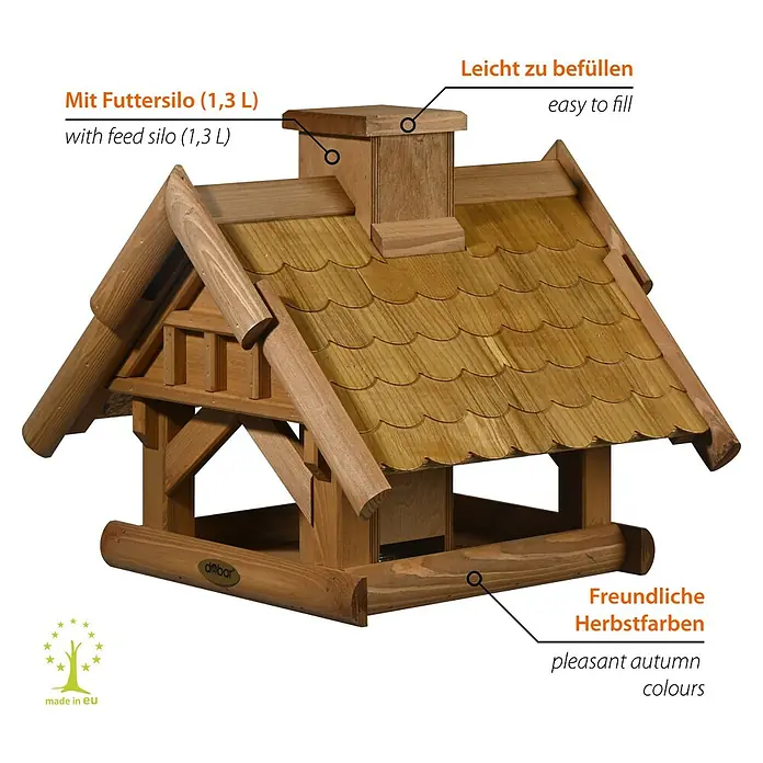 Dobar Vogelhaus Blätterfall - Holz, Braun, ca. 39 x 39 x 35 cm - Holz Vogelhaus mit Schindeldach und Kamin. Ein stilvolles Zuhause für gefiederte Freunde, mit robustem Untergestell für sicheren Stand.