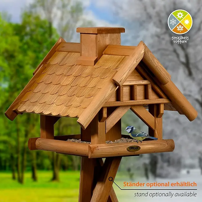 Dobar Vogelhaus Blätterfall - Holz, Braun, ca. 39 x 39 x 35 cm - Holz-Vogelhaus mit Standfuß, ganzjährig nutzbar. Perfekt für Garten und Balkon, um Vögel zu beobachten und zu füttern.