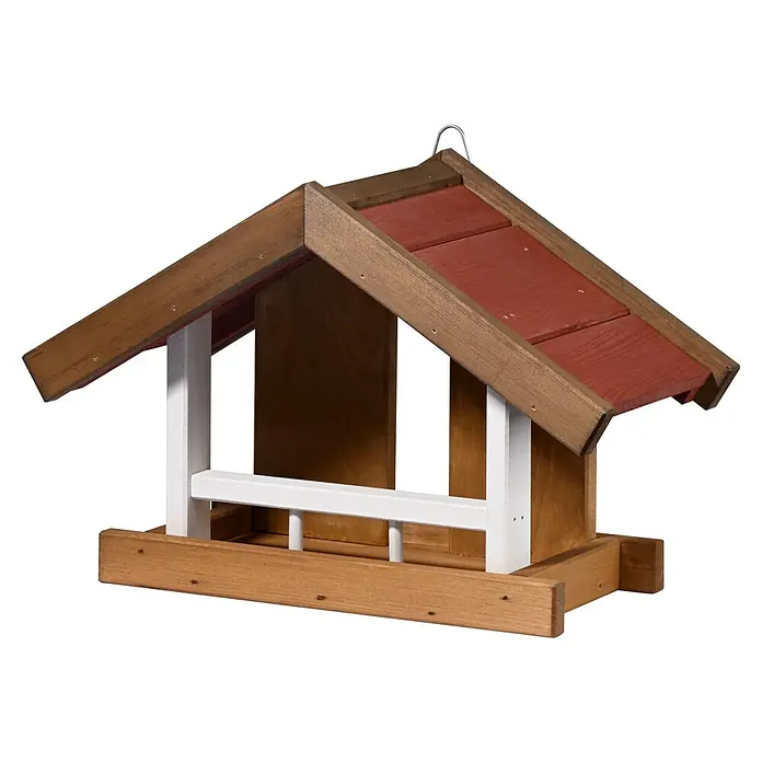 Dobar Vogelhaus Herbstfrüchte - Holz, Braun/Rot/Weiß, Dachart: Satteldach - Nahaufnahme eines braunen Vogelhauses mit rotem Dach und weißen Akzenten, ideal für Gartenliebhaber.