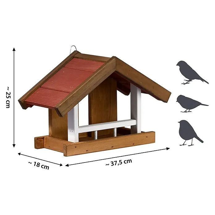 Dobar Vogelhaus Herbstfrüchte - Holz, Braun/Rot/Weiß, Dachart: Satteldach - Ein hölzernes Vogelhaus mit einem roten Dach und weißen Akzenten, das zum Aufhängen oder Aufstellen im Garten geeignet ist.
