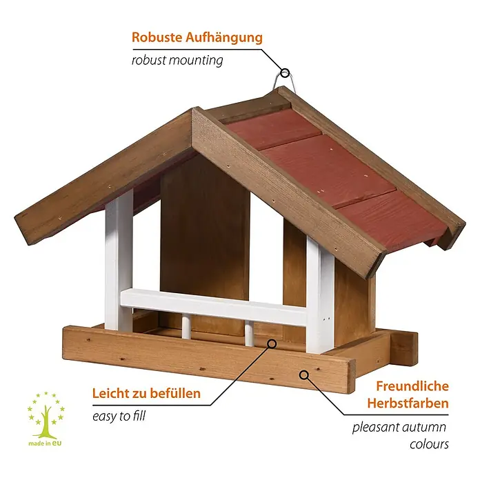 Dobar Vogelhaus Herbstfrüchte - Holz, Braun/Rot/Weiß, Dachart: Satteldach - Ein detailreicher Blick auf ein hölzernes Vogelhaus mit rotem Dach und weißer Akzentuierung, ideal für den Garten.