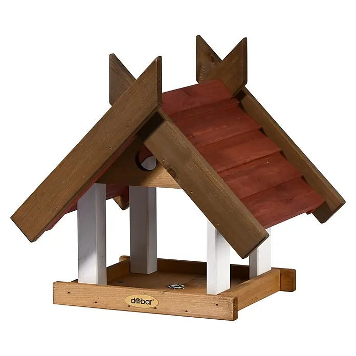 Dobar Vogelhaus Herbstfrüchte - Holz, Braun/Rot/Weiß, mit Futtertablett - Ein detailreiches Foto eines hölzernen Vogelhauses mit einem braunen Dach und weißen Stützen, das die Handwerkskunst und das Design des Produkts hervorhebt.