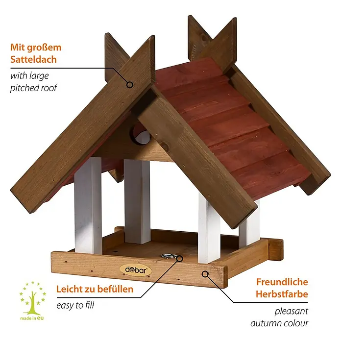 Dobar Vogelhaus Herbstfrüchte - Holz, Braun/Rot/Weiß, mit Futtertablett - Nahaufnahme eines hölzernen Vogelhauses mit braunem Dach und weißen Stützen, ideal für Gartenliebhaber.