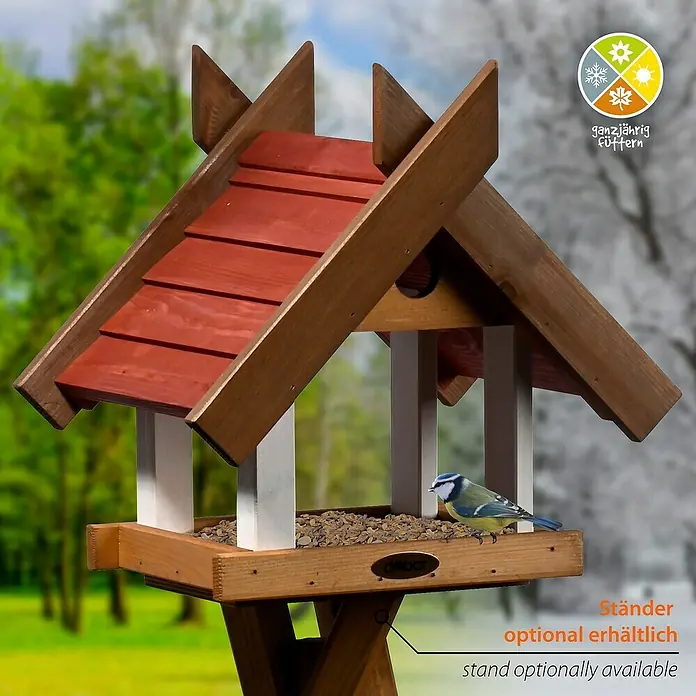 Dobar Vogelhaus Herbstfrüchte - Holz, Braun/Rot/Weiß, mit Futtertablett - Das Vogelhaus mit rotem Dach bietet ganzjährigen Schutz und Futter. Der optionale Ständer macht es flexibel einsetzbar.
