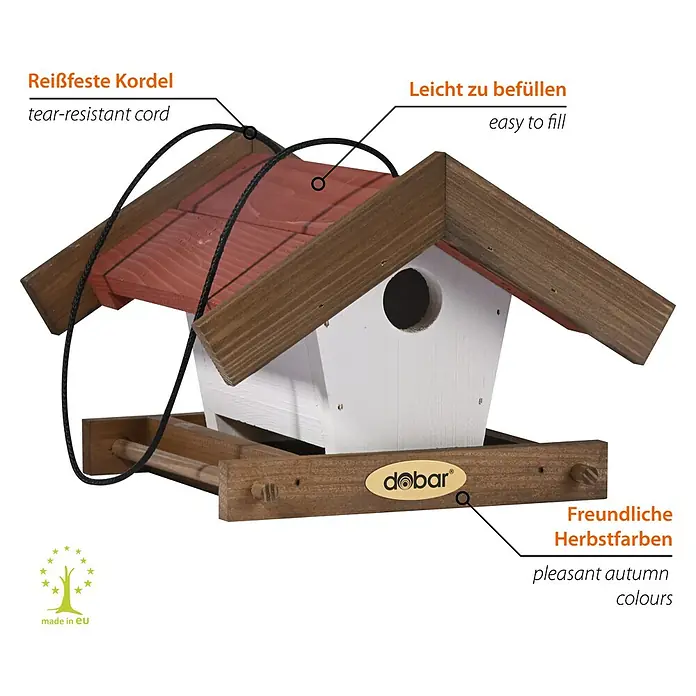 Dobar Vogelhaus Herbstfrüchte 2-er Set - Holz, Braun/Rot/Weiß - Nahaufnahme eines bunten, rustikalen Vogelhauses mit einem roten Dach und dem "Dobar"-Logo, ideal für den Garten.
