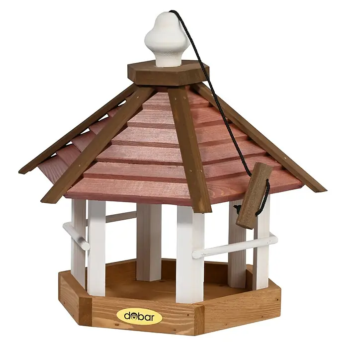 Dobar Vogelhaus Herbstfrüchte - Holz, Braun/Rot/Weiß, Sechseckig - Hochwertiges Holz-Vogelhaus mit dekorativem Design. Ein attraktiver und funktionaler Futterplatz für Wildvögel im Garten.