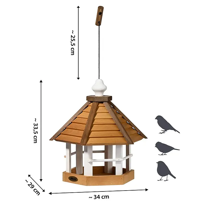 Dobar Vogelhaus Goldener Oktober - Holz, Braun/Weiß, ca. 33,5 x 29 x 34 cm - Holz Vogelhaus mit Seilaufhängung, ideal für den Garten. Das Vogelhaus bietet einen sicheren und attraktiven Platz für Wildvögel.