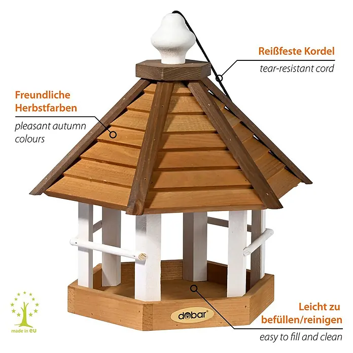 Dobar Vogelhaus Goldener Oktober - Holz, Braun/Weiß, ca. 33,5 x 29 x 34 cm - Ein hölzernes Vogelhaus mit einem braunen Dach und einem weißen Sockel. Ideal für den Garten, um Vögel anzulocken und zu füttern.