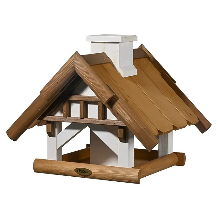 Dobar Vogelhaus Goldener Oktober - Holz, Braun/Weiß, ca. 39 x 39 x 35 cm - Nahaufnahme eines hölzernen Vogelhauses mit weißer Basis, braunem Dach und Schornstein auf schwarzem Hintergrund.