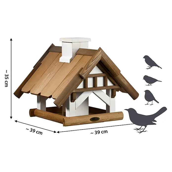 Dobar Vogelhaus Goldener Oktober - Holz, Braun/Weiß, ca. 39 x 39 x 35 cm - Vogelhaus im Chalet-Stil mit rustikalem Holz, weißem Schornstein und umlaufender Sitzstange, ideal für Gartenliebhaber und Vogelfreunde.