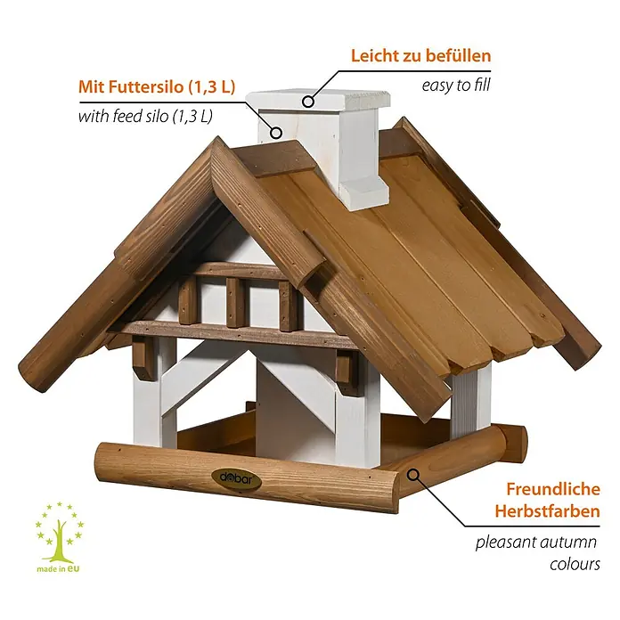 Dobar Vogelhaus Goldener Oktober - Holz, Braun/Weiß, ca. 39 x 39 x 35 cm - Ein detailreiches Bild eines Vogelhäuschens mit einem dekorativen Schornstein und Sitzstangen, ideal für Gartenliebhaber.