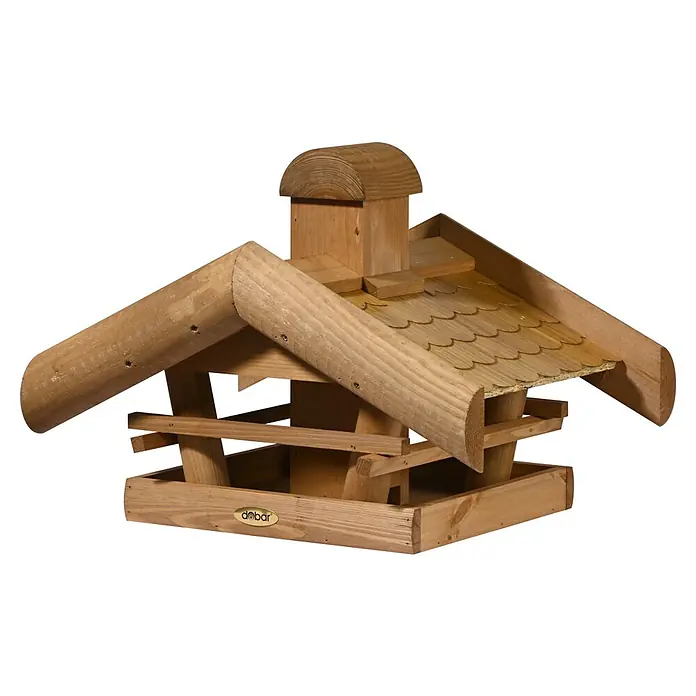 Dobar Vogelhaus Blätterfall - Holz, Braun, ca. 48 x 39 x 35 cm - Ein detailreiches Bild eines hölzernen Vogelfutterhauses mit einem geschindelten Dach und rustikalen Holzdetails.