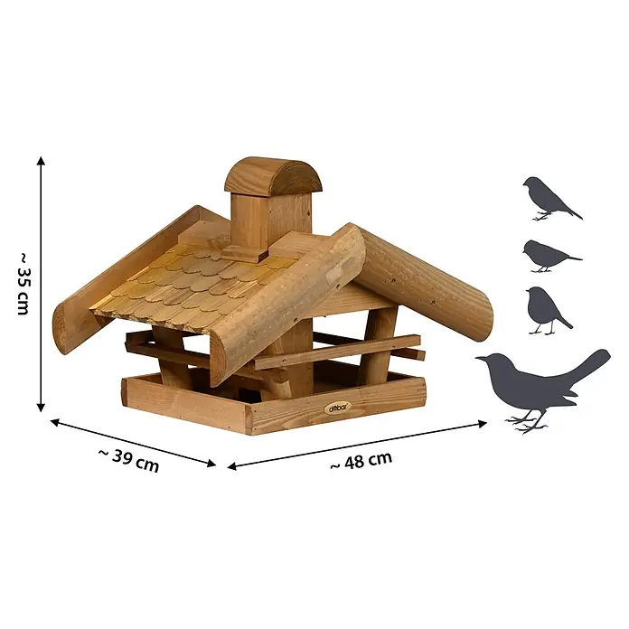 Dobar Vogelhaus Blätterfall - Holz, Braun, ca. 48 x 39 x 35 cm - Das ist ein detailreiches Foto eines hölzernen Vogelhauses mit einem schindelgedeckten Dach und einem zentralen Futterplatz.