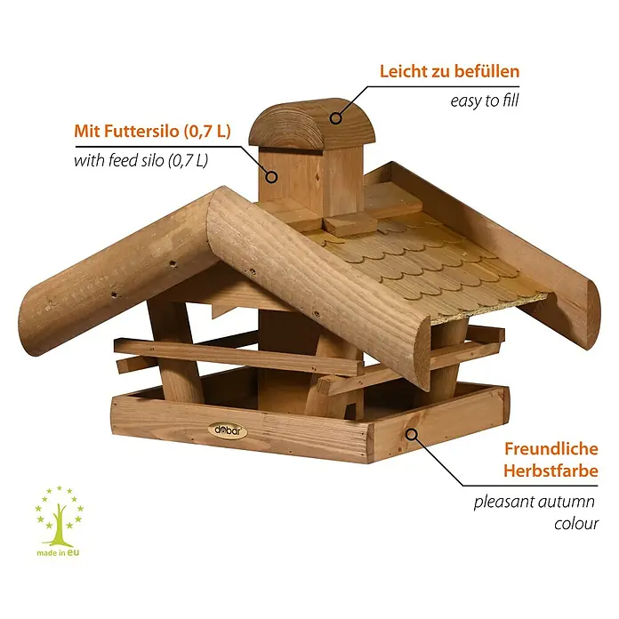 Dobar Vogelhaus Blätterfall - Holz, Braun, ca. 48 x 39 x 35 cm - Detailaufnahme eines rustikalen Vogelfutterhauses aus Holz, ideal für den Garten. Das Design bietet Schutz und Futter für Wildvögel.