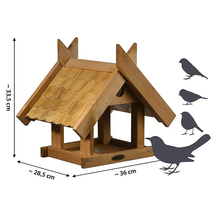 Dobar Vogelhaus Blätterfall - Holz, Braun, ca. 36 x 28,5 x 33,5 cm - Nahaufnahme eines hölzernen Vogelhauses mit einem dekorativen Dach und einer offenen Futterstelle, ideal für Gartenliebhaber.