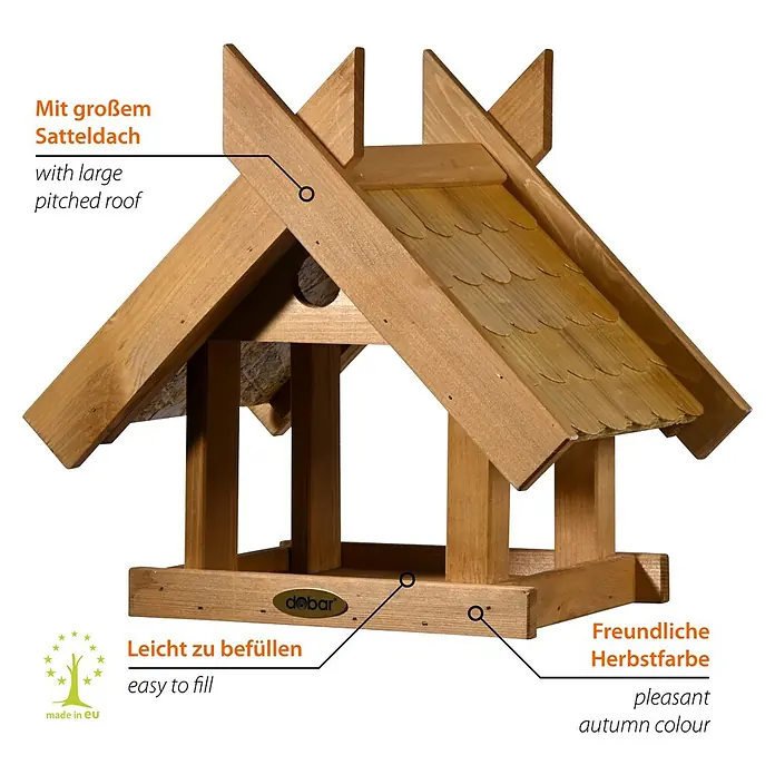 Dobar Vogelhaus Blätterfall - Holz, Braun, ca. 36 x 28,5 x 33,5 cm - Hier ist ein braunes Holz-Vogelhaus mit geneigtem Dach und einer kleinen Öffnung für Vögel zum Eintreten.