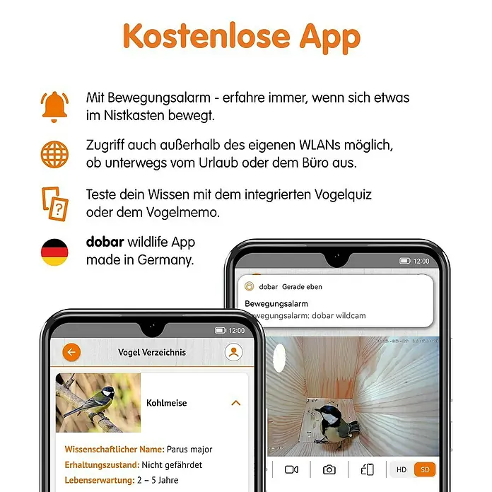 Dobar Nistkasten - Holz, Braun/Grün - Das Bild zeigt die Dobar Wildlife App mit Funktionen wie Bewegungserkennung und Vogelquiz, entwickelt in Deutschland.