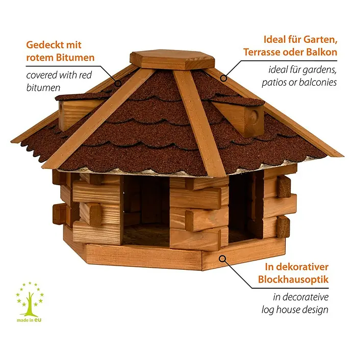 Dobar Vogelhaus Blockhaus - Holz, Rot, Sechseckig - Ein charmantes Vogelhaus im Blockhausstil mit rotem Bitumendach, ideal für Gärten, Terrassen und Balkone.
