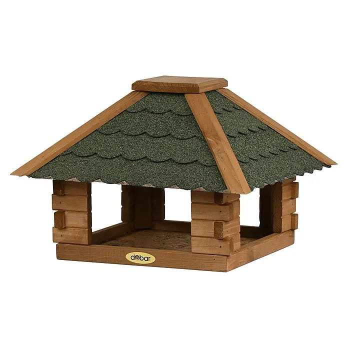 Dobar Vogelhaus Blockhaus - Holz, Grün, Viereckig - Nahaufnahme eines hölzernen Vogelhauses mit grünen Schindeln auf dem Dach, ideal für den Garten.