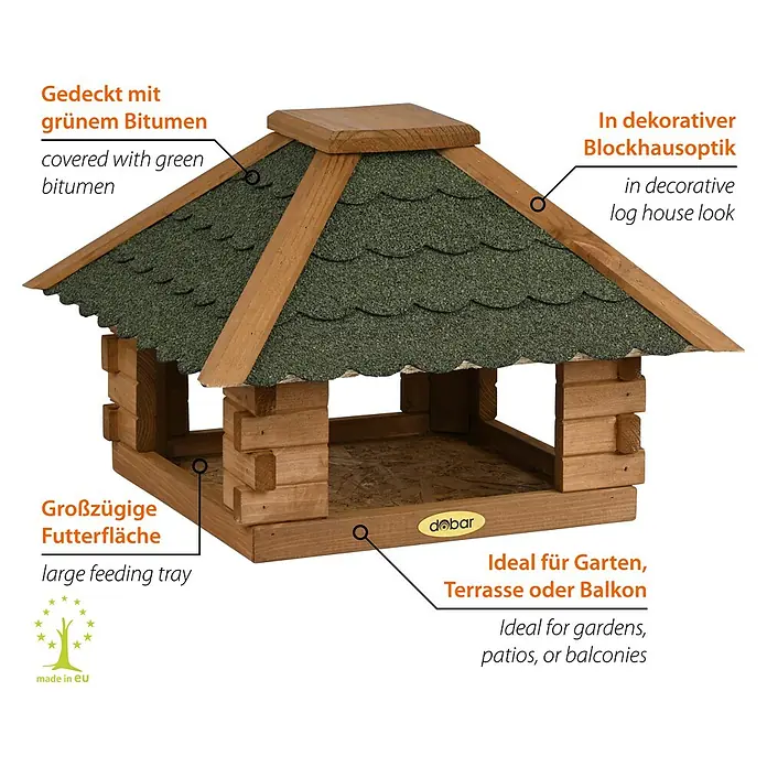 Dobar Vogelhaus Blockhaus - Holz, Grün, Viereckig - Ein attraktives Holz-Vogelhaus mit einem grünen Schindeldach, das eine sichere und stilvolle Futterstelle für Wildvögel bietet.