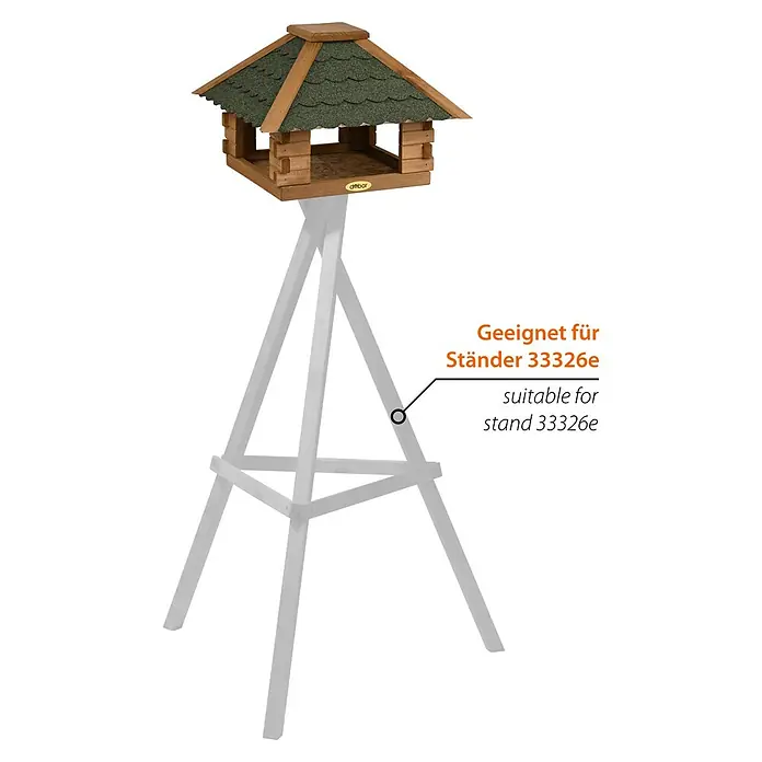 Dobar Vogelhaus Blockhaus - Holz, Grün, Viereckig - Ein detailreiches Bild eines erhöhten Futterhauses für Vögel mit einem mehrstufigen Ständer und grünen Schindeln auf dem Dach.