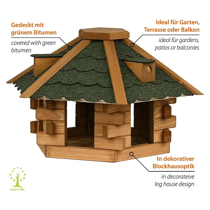 Dobar Vogelhaus Blockhaus - Holz, Grün, Sechseckig - Holz-Vogelhaus mit grünem Dach. Das Vogelhaus ist aus hellem Holz gefertigt und bietet eine rustikale Optik für jeden Garten.