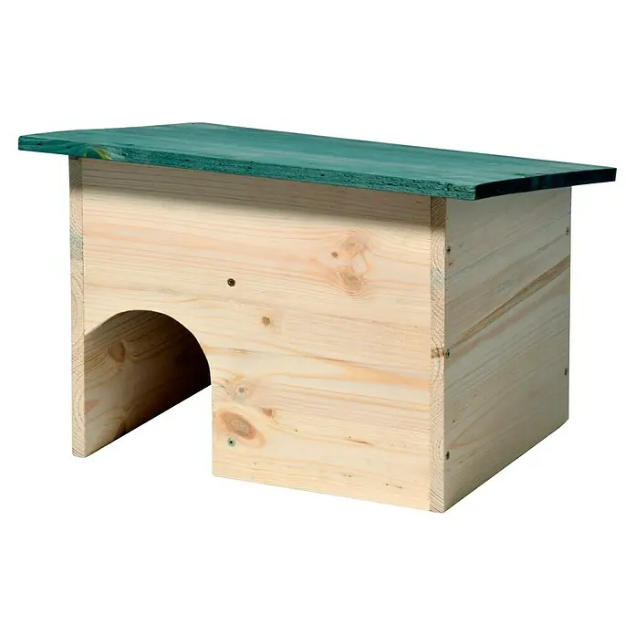 Dobar Igelhaus - 34,5 x 24 x 27 cm, Ausstattung: Abnehmbares Dach - Das Bild zeigt ein hölzernes Igelhaus mit grünem Dach, das einen Unterschlupf für Igel im Garten bietet.