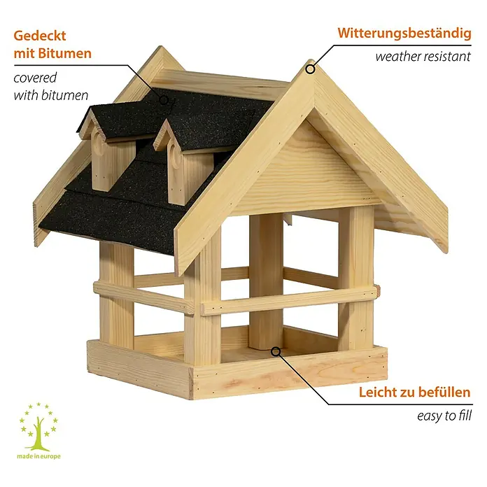 Dobar Vogelhaus Noir - Holz, Braun/Schwarz - Hölzernes Vogelhaus mit schwarzem Schindeldach und einem offenen Futterbereich, ideal für die Fütterung von Wildvögeln im Garten.