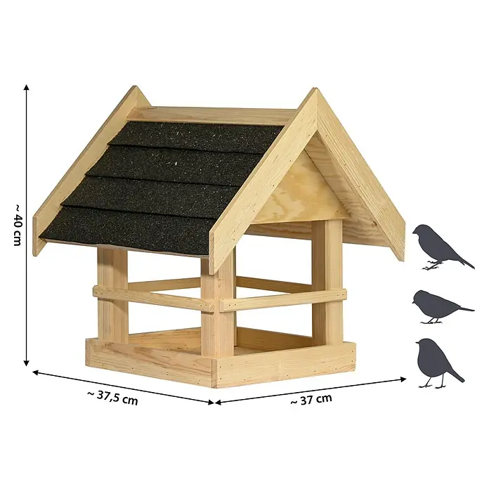 Dobar Vogelhaus Noir - Holz, Braun/Schwarz - Detailaufnahme eines hölzernen Vogelhauses mit einem Dach aus Bitumenschindeln, das eine rustikale und einladende Struktur für Vögel bietet.