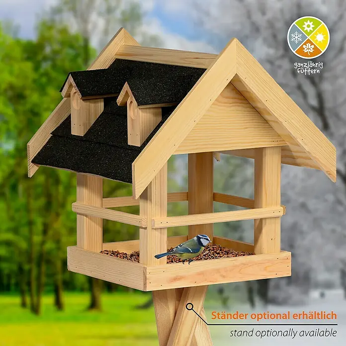 Dobar Vogelhaus Noir - Holz, Braun/Schwarz - Holz-Vogelhaus mit schwarzem Dach und kleinem blauen Vogel, ideal zum ganzjährigen Füttern. Der Ständer ist optional erhältlich.