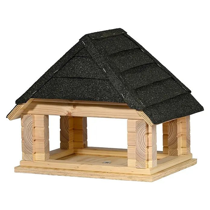 Dobar Vogelhaus Sort - Holz, Natur/Schwarz - Detailaufnahme eines hölzernen Vogelhauses mit schiefergedecktem Dach, das die natürliche Schönheit und Handwerkskunst des Produkts hervorhebt.
