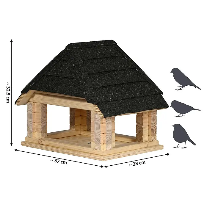 Dobar Vogelhaus Sort - Holz, Natur/Schwarz - Ein Holzvogelhaus mit einem schwarzen, schindelgedeckten Dach und einer offenen Futterstelle. Bietet Vögeln einen sicheren Ort zum Fressen.