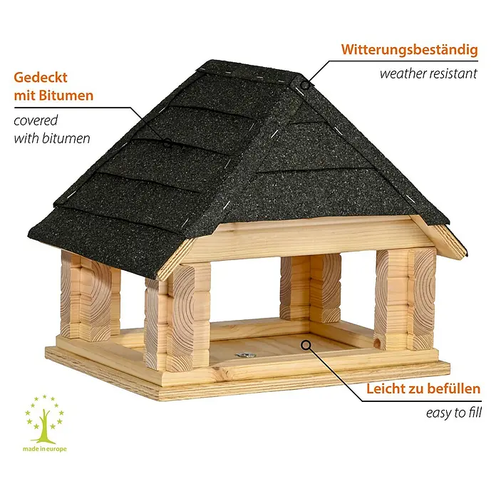 Dobar Vogelhaus Sort - Holz, Natur/Schwarz - Ein geräumiges Vogelhaus aus Holz mit einem robusten Dach aus Bitumenschindeln, ideal für den Garten.