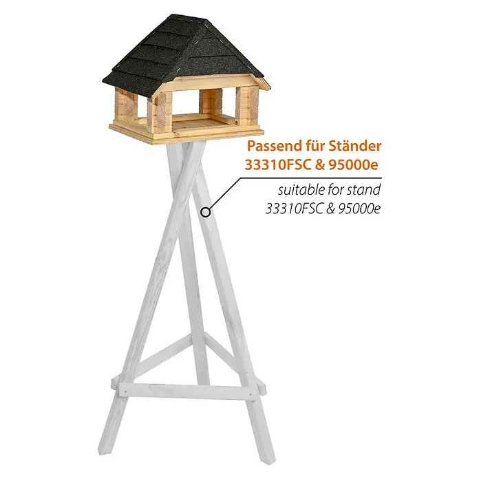 Dobar Vogelhaus Sort - Holz, Natur/Schwarz - Freistehendes Vogelhaus aus Holz mit schwarzem Dach und weißem Ständer für den Garten oder die Terrasse.