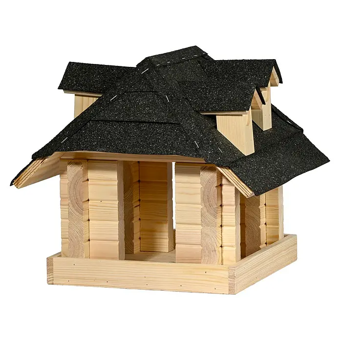 Dobar Vogelhaus Nero - Holz, Natur/Schwarz - Detailaufnahme eines hölzernen Vogelhauses mit einem Dach aus Schindeln, das eine rustikale und einladende Struktur für Vögel bietet.