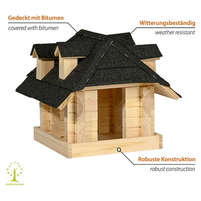Dobar Vogelhaus Nero - Holz, Natur/Schwarz - Detailaufnahme eines Holz-Vogelhauses mit dunklem Dach und naturbelassener Holzstruktur, ideal für den Garten.